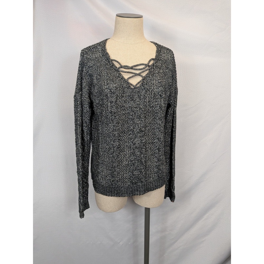Y2K Aeropostale Sweater Womens Medium Black Gray Marled Knit Criss Cross V-Neck